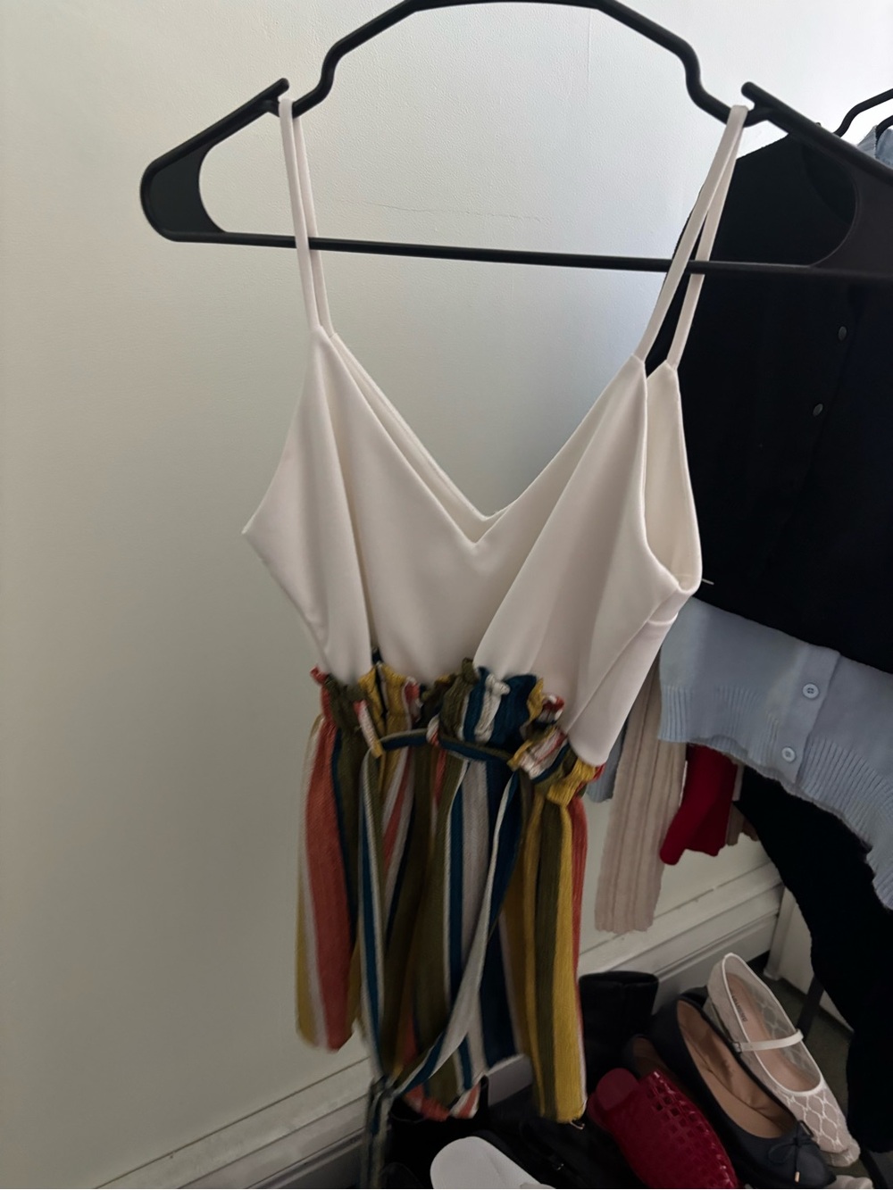 Mystique Boutique Cream V-Neck Camisole with Multicolor Striped Waist Tie